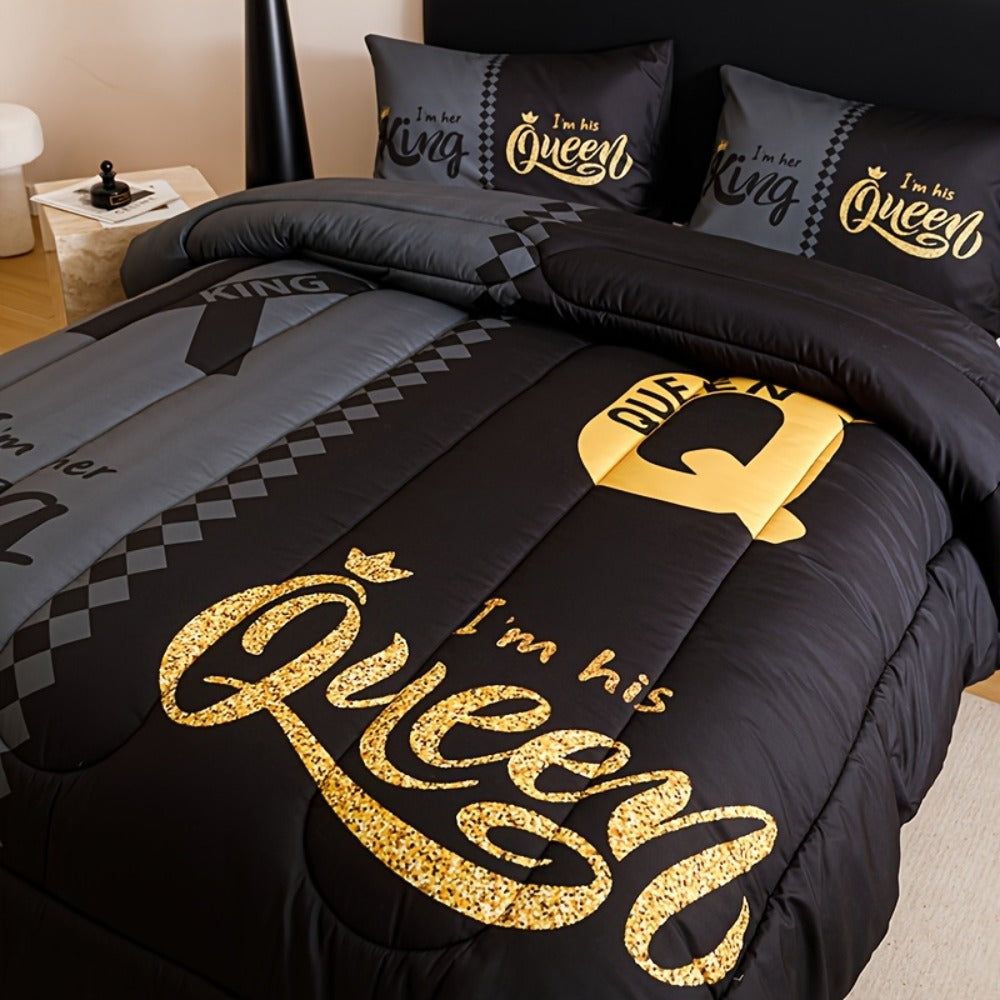 King and Queen Crown Print Comforter Set in Black or Red with Twin, Full, Queen and King Sizes