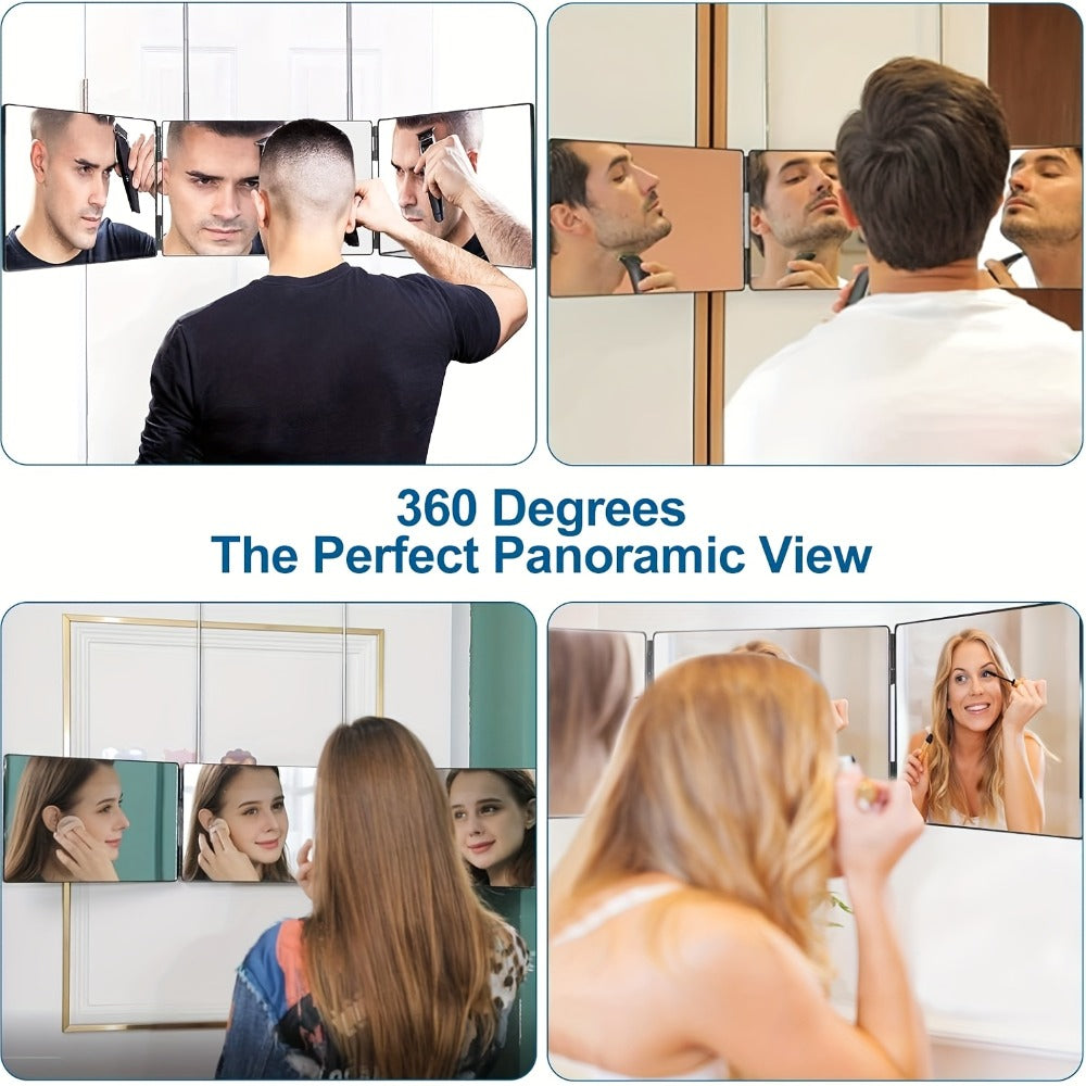 Folding 3 Way Mirror for Hair Cutting 360° View HD Glass, Three-Sided Barber Mirror Adjustable Height Telescopic Door Hook Wall Mount USB Powered, Self Haircut Mirror for Men Women Shaving Beard Makeup
