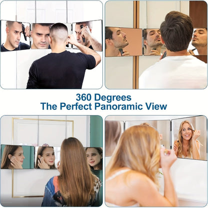 Folding 3 Way Mirror for Hair Cutting 360° View HD Glass, Three-Sided Barber Mirror Adjustable Height Telescopic Door Hook Wall Mount USB Powered, Self Haircut Mirror for Men Women Shaving Beard Makeup