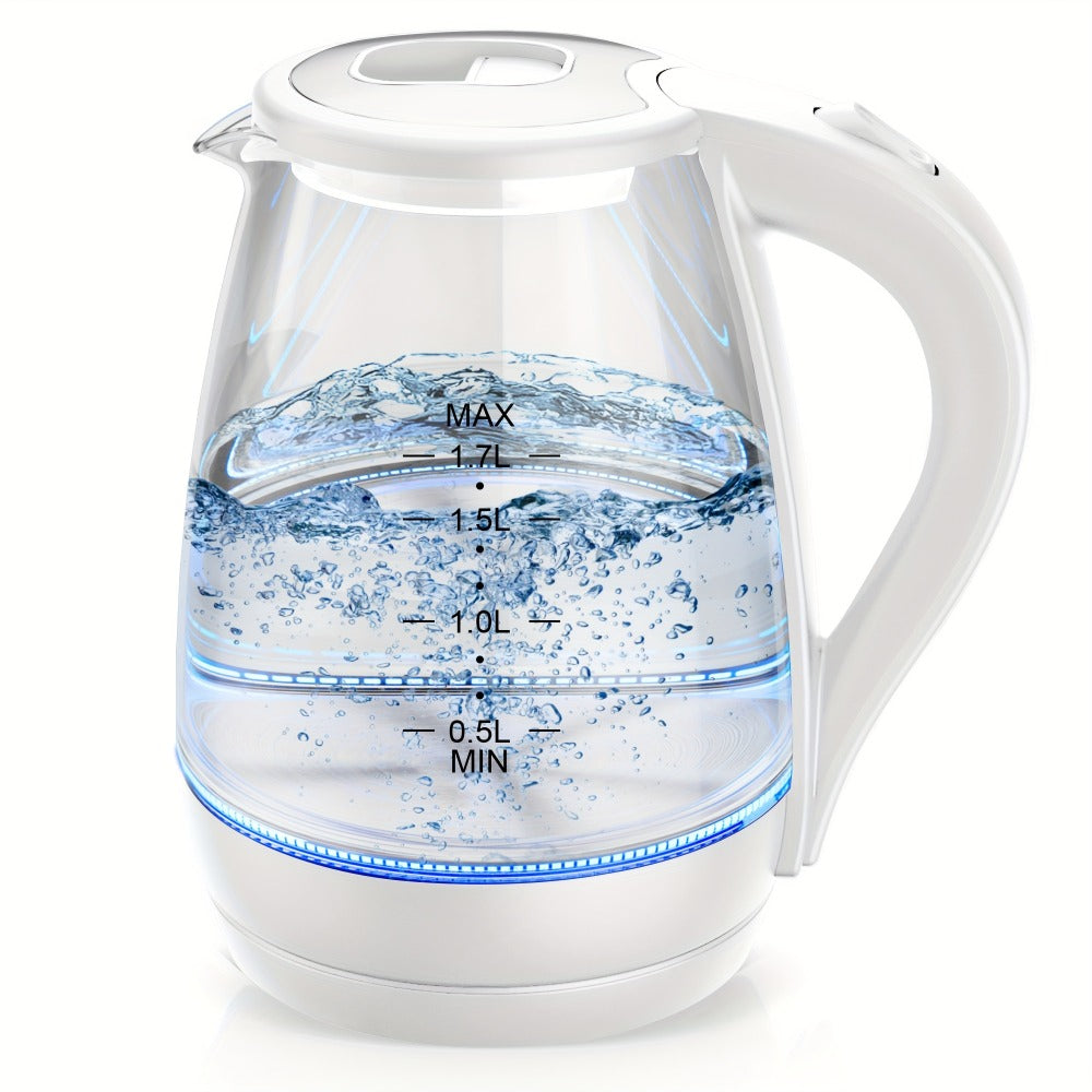 Glass Electric Kettle 1200W Fast Boiling – 57.48oz Tea Kettle with LED Indicator, Auto Shut-Off & Boil-Dry Protection, Elegant Transparent Design for Kitchen, Office & Camping