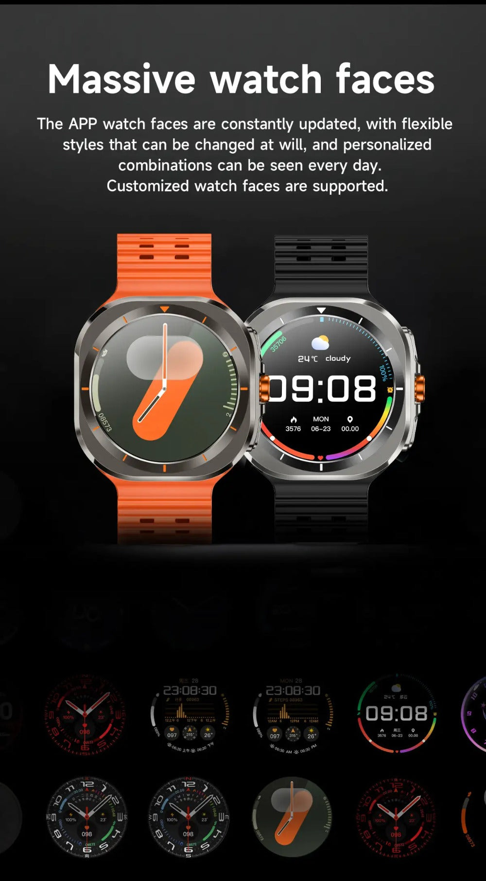 Smart Watch Round Display with Wireless Calling, Custom Faces and Orange, Black, White or Blue Band