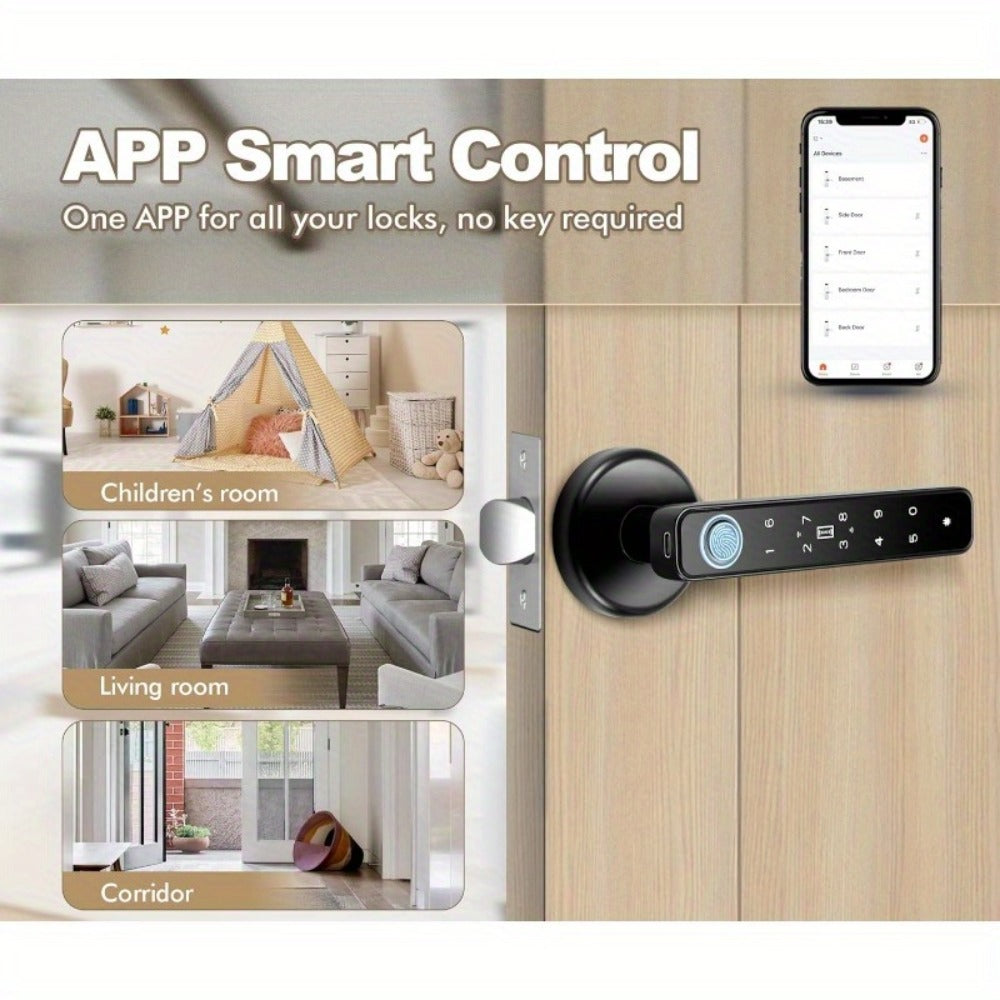 Smart Door Lock Handle with Fingerprint, Keypad, IC Card, App and Key in Single or Double Row Options