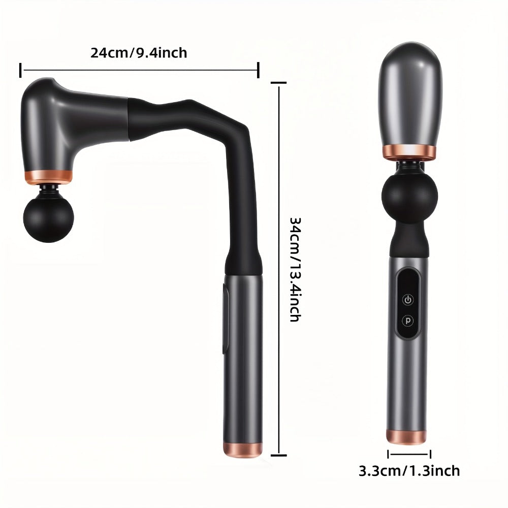 U-Shaped Massage Gun with Four Pictured Heads, 6-Level and 3-Mode Labels, Grey Finish and Long-Reach Housing