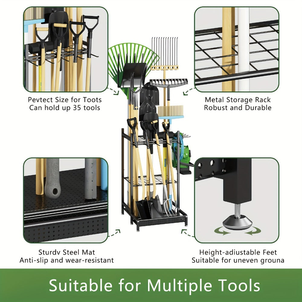Garden Tool Organizer for Garage – Metal Yard Tool Storage Rack with Hooks & Wheels for Long-Handled Tools, Broom, Shovel, Rake, Mop – Heavy Duty Freestanding Tool Stand Holder, Black
