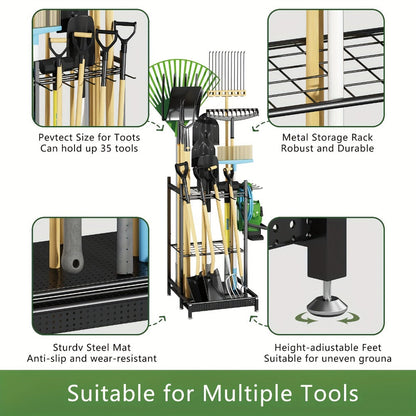 Garden Tool Organizer for Garage – Metal Yard Tool Storage Rack with Hooks & Wheels for Long-Handled Tools, Broom, Shovel, Rake, Mop – Heavy Duty Freestanding Tool Stand Holder, Black