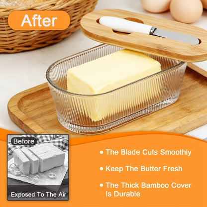 280 ml Ribbed Glass Butter Dish with Bamboo Lid, White-Handle Knife and Stripe-Pattern Checkout Option