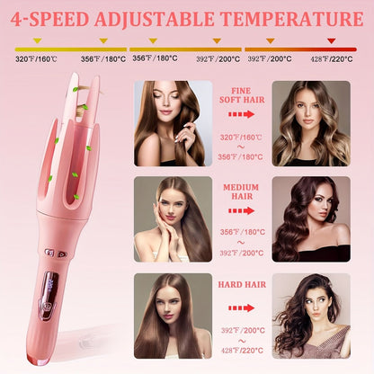 Automatic Curling Iron 32mm Essential Oil Coating – 4 Temperature Settings Anti-Scald Moisturizing Hair Curler with Hairpins & Comb for All Hair Types – Purple