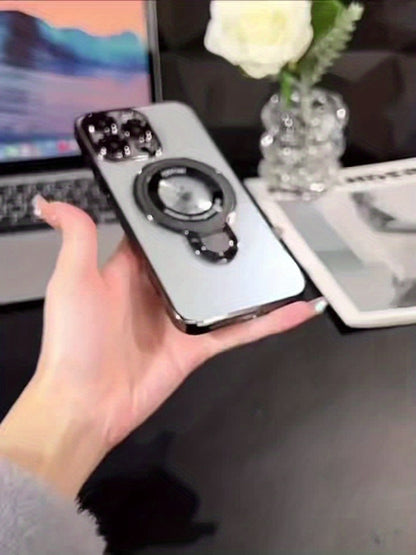 Magnetic U-Shield Stand iPhone Case for iPhone 17 Pro Max 16 16 Pro Max Electroplated PC Transparent Back Shockproof Full Coverage Protective Cover with Kickstand