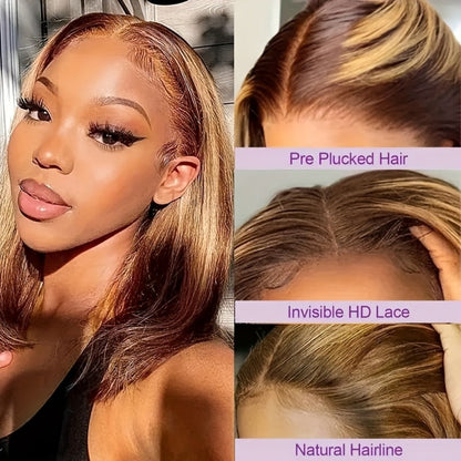 P4/27 Honey Highlight Bob Wig 5x1 Lace Front Short Straight Human Hair 180% Density – Glue Free Wear and Go Pre-Painted Pre-Styled Women 8 10 14 Inch Beginner Friendly