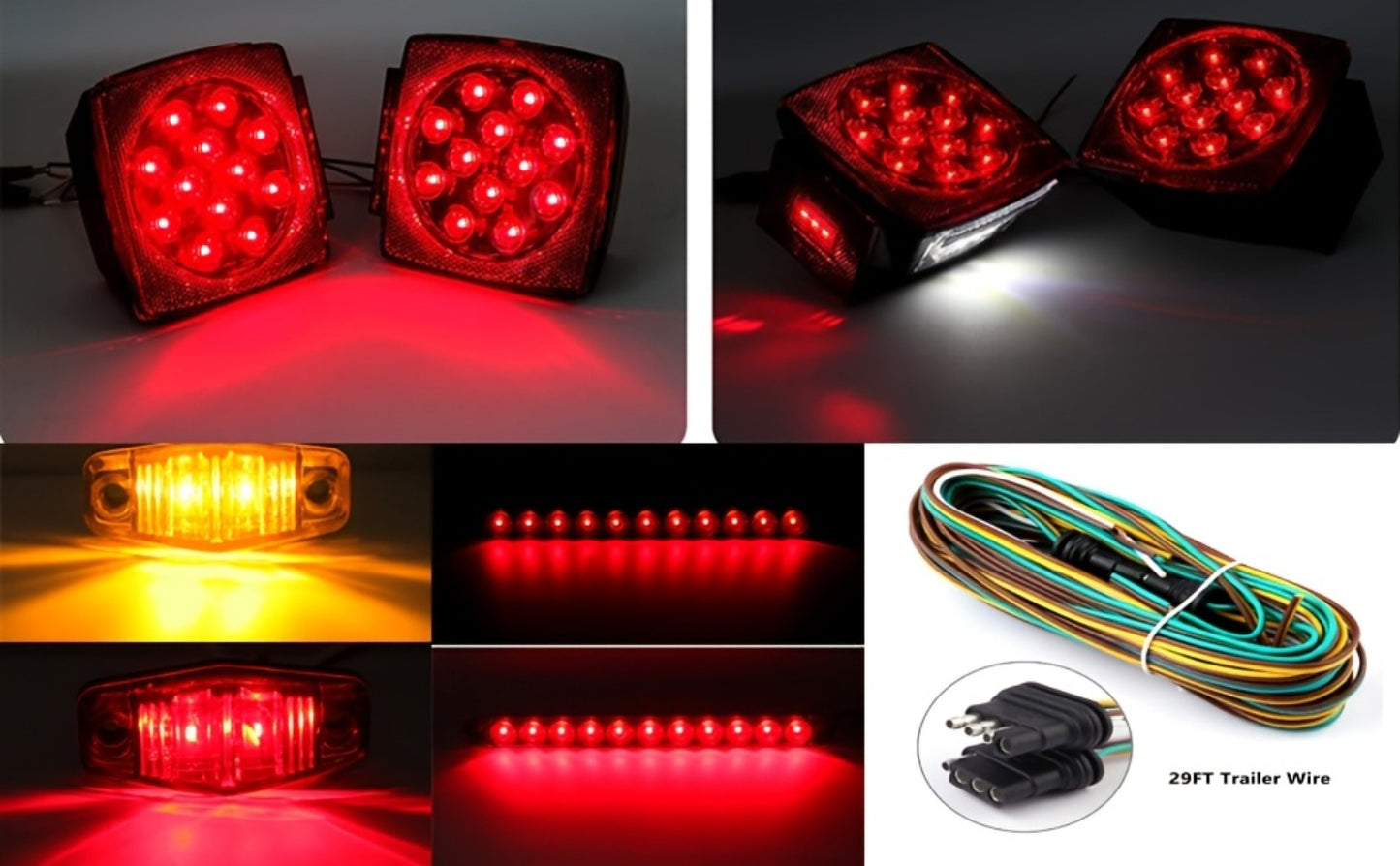 Trailer LED Light Kit – Square Stop Turn Tail Lights, 29FT Wiring Harness, 6 LED Marker Lights & 11-LED Light Bar with License Plate Bracket | 12V