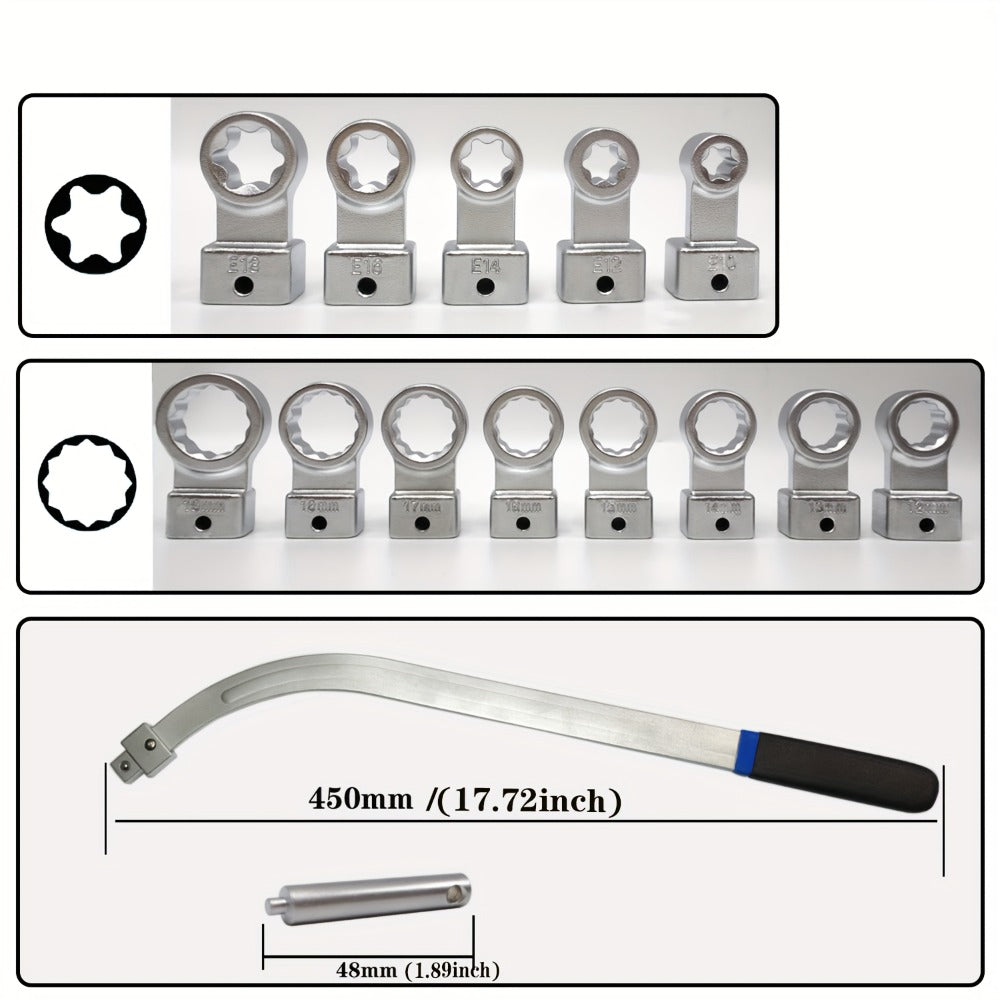 Serpentine Belt Tensioner Pulley Tool Kit – 15-Piece Universal Set with Curved Wrench, Torx & 12-Point Adapters for Engine Timing Belt Tensioner Nut Bolt Removal on Most Car Models