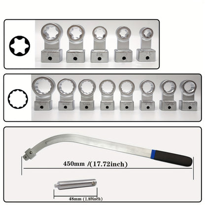 Serpentine Belt Tensioner Pulley Tool Kit – 15-Piece Universal Set with Curved Wrench, Torx & 12-Point Adapters for Engine Timing Belt Tensioner Nut Bolt Removal on Most Car Models