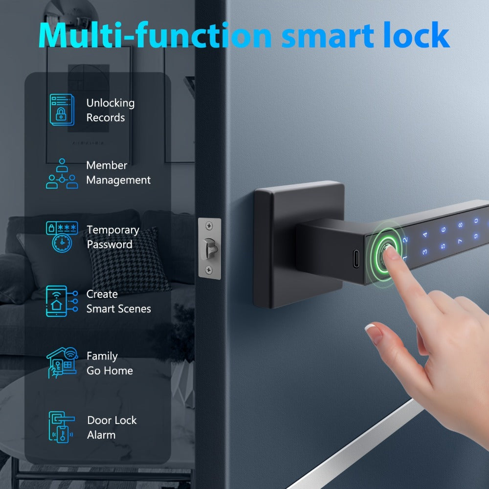 5-in-1 Smart Door Lock Handle with Fingerprint, App, Passcode, IC Card & Key - Anti-Peep, Left & Right Hand Compatible, Keyless Entry for Home, Office & Apartment, 2 IC Cards & 2 Keys Included
