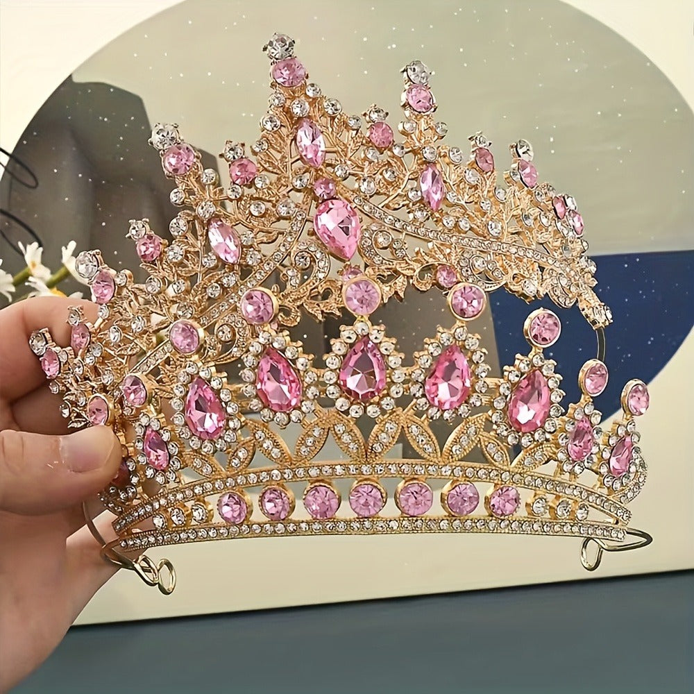 Pink Crystal-Look Crown and Tiara Two-Piece Costume Headwear Set with Hair Combs for Dress-Up