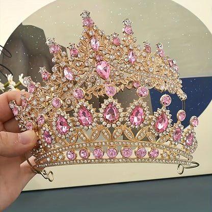 Pink Crystal-Look Crown and Tiara Two-Piece Costume Headwear Set with Hair Combs for Dress-Up
