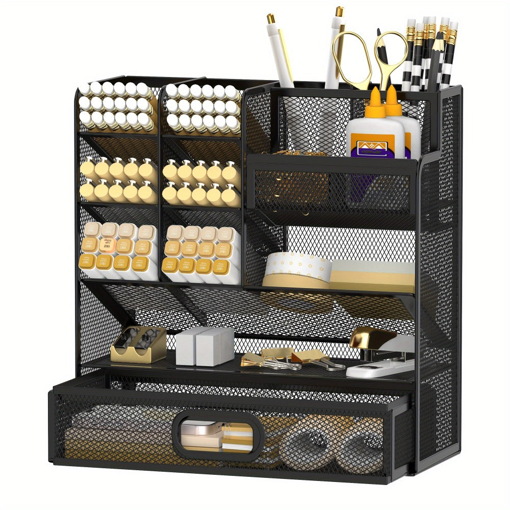 Mesh Desk Organizer with Pull-Out Drawer, Tiered Compartments and Six Color Checkout Options