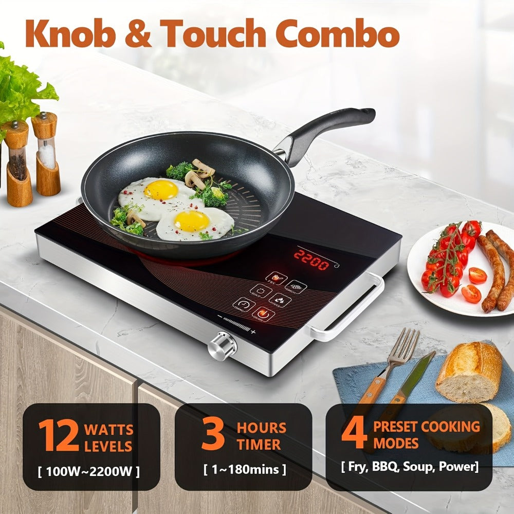 Portable Electric Induction Cooktop 2200W Ceramic Infrared Hot Plate with Adjustable Temperature & Dual Touch Rotation Control – Single Burner Electric Stove for Home Dorm Cooking