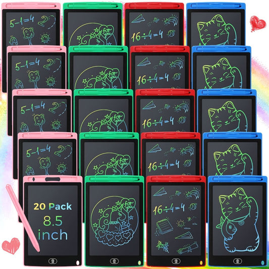 LCD Writing Tablet for Kids 20 Pack – 8.5 Inch Reusable Erasable Doodle Board Set in Blue Red Green Pink, Educational Drawing Toy, Party Favor & Bulk Gift for Ages 3-8