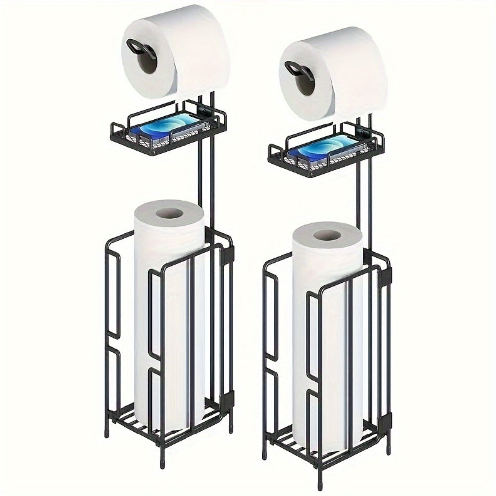 Freestanding Toilet Paper Holder with Square Reserve-Roll Cage, Upper Shelf and Single or Two-Pack Options