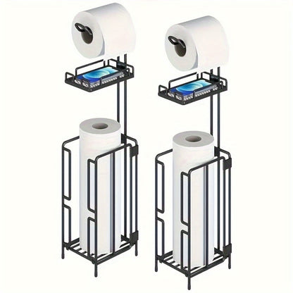 Freestanding Toilet Paper Holder with Square Reserve-Roll Cage, Upper Shelf and Single or Two-Pack Options
