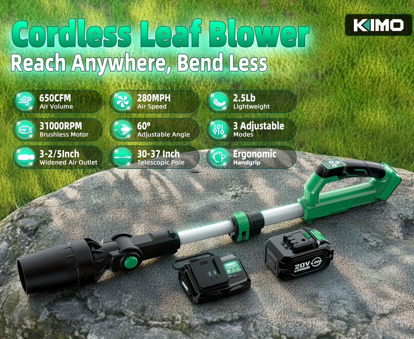 KIMO 20V Brushless Cordless Leaf Blower 650CFM 280MPH with 4000mAh Battery & Fast Charger, 31000RPM Turbo Motor, 3-Speed, Lightweight Handheld for Yard Patio Snow Blowing