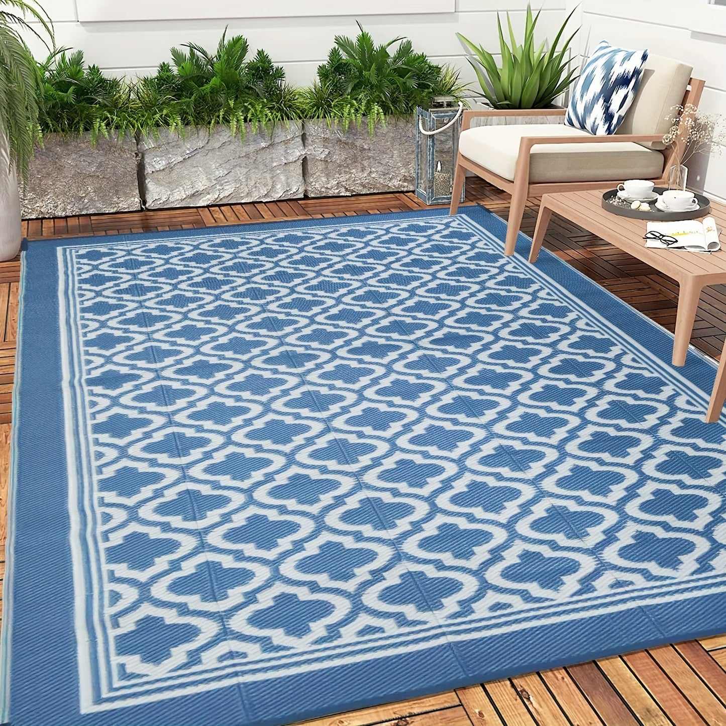 Blue and White Reversible Outdoor Mat with Geometric Pattern and Two Rectangular Size Options