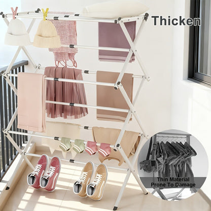 Three-Tier X-Frame Clothes Drying Rack with Collapsible Metal Bars and Gray, White or Top-Rack Configurations