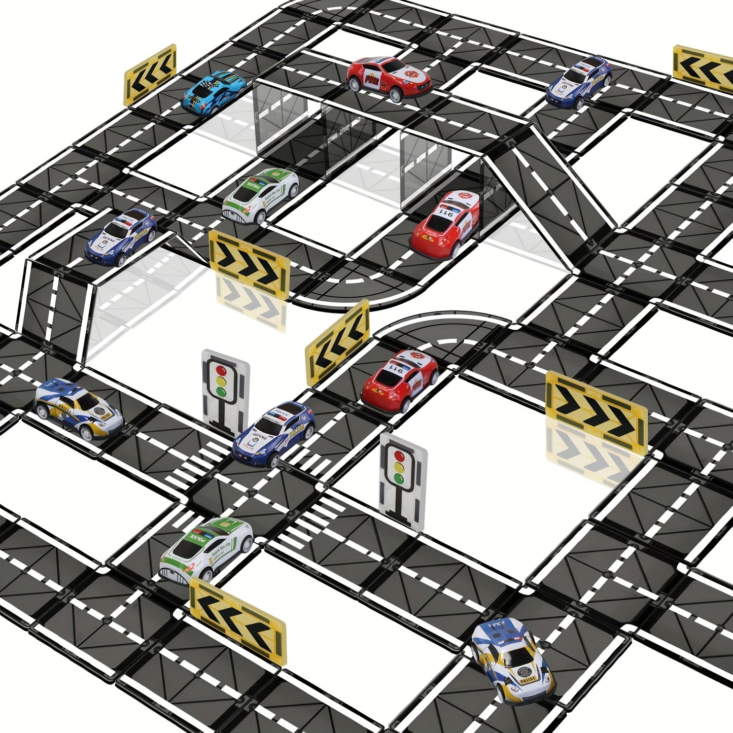 44-Piece Magnetic Road Tile Set with Pictured Cars, Signs, Signals and Black-and-White Track Sections