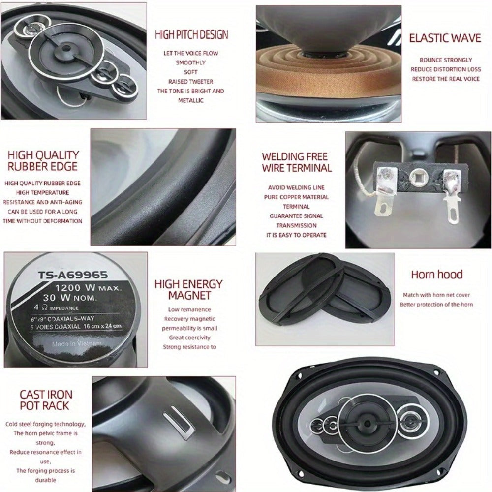 1200W 5-Way Coaxial Car Speakers 6x9 Inch – HiFi Full Range 44Hz-25kHz, 4-Ohm, 89dB Sensitivity, Universal 12V Fit for Car Door Stereo Audio Upgrade (2pc Pair)