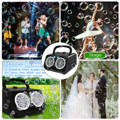White Dual-Wheel Bubble Machine with Material Thickened Label, Handle, USB Port and Battery Compartment