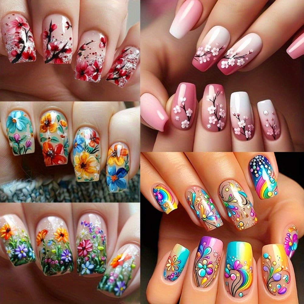 Press On Nails 120-Piece Medium Square Set with Glossy Floral and Striped Designs in Five Packs