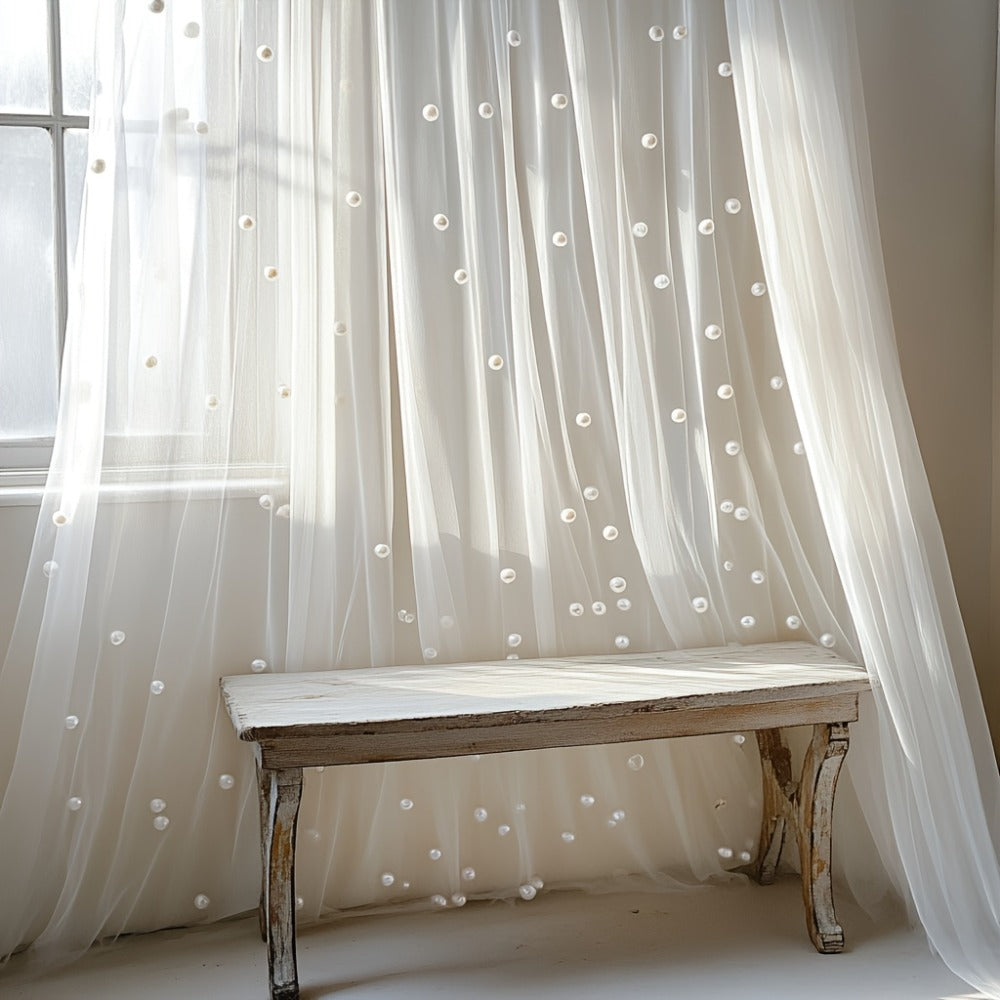 White Pearl-Embellished Sheer Tulle Fabric Roll in 160 x 300 cm Size for Backdrops and Table Decor