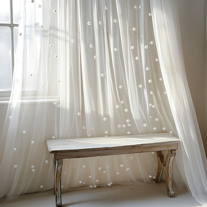 White Pearl-Embellished Sheer Tulle Fabric Roll in 160 x 300 cm Size for Backdrops and Table Decor
