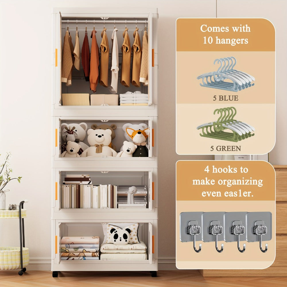 Portable Folding Wardrobe Cabinet with Caster Wheels, Hanging Section and Two Exact Layer Options