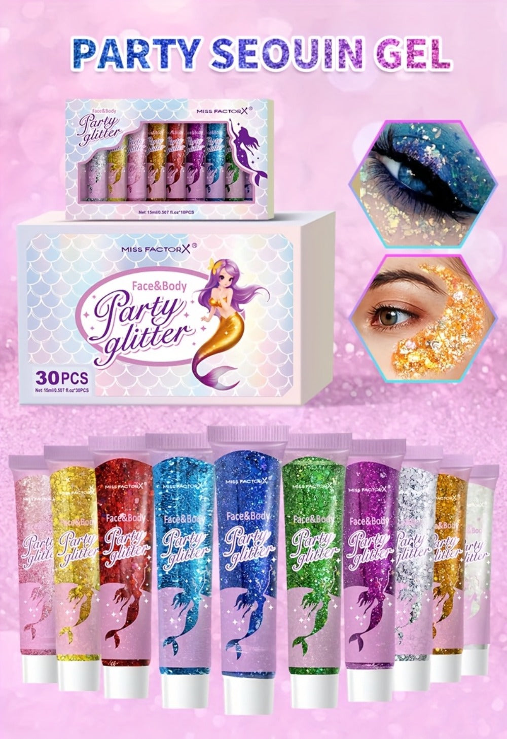 30-Piece Face and Body Glitter Gel Set with Mermaid Shapes, Stars and Hearts for Festival Makeup