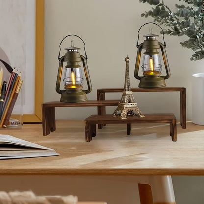 Three-Piece Nesting Tabletop Display Shelf Set in Burning Color or Wood Color Stepped Sizes
