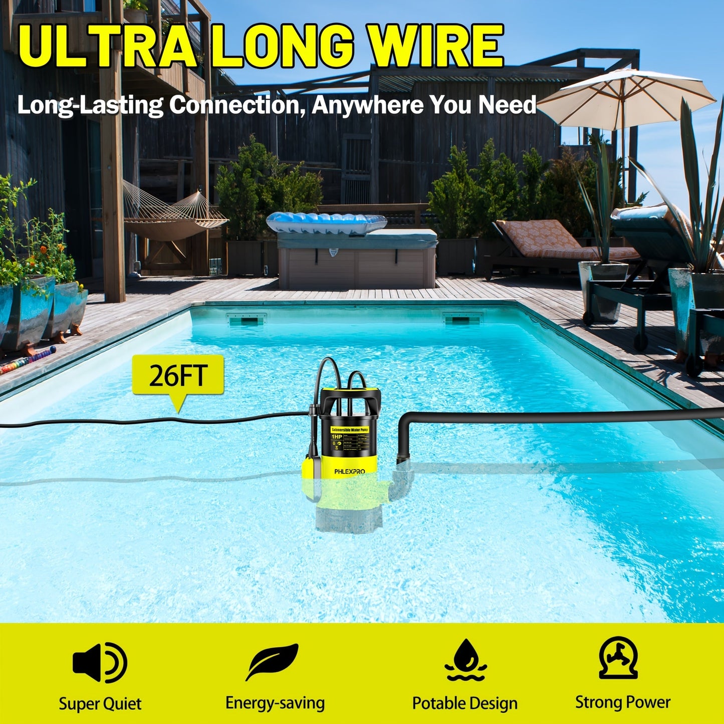 Submersible Sump Pump 1HP 5300GPH 750W with Float Switch 26ft Cord for Pool Pond Basement Garden
