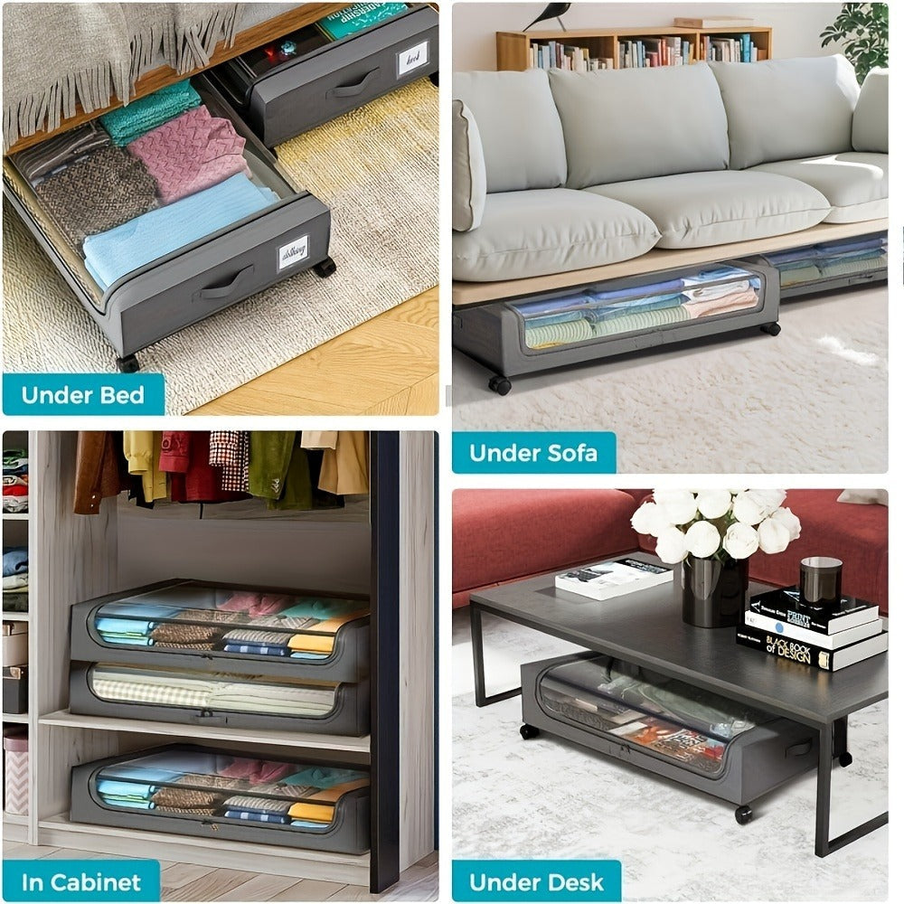 Rolling Fabric Under-Bed Storage Bins with Clear Zip Covers, Label Windows and Black or Gray Sets