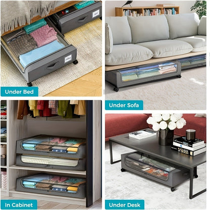 Rolling Fabric Under-Bed Storage Bins with Clear Zip Covers, Label Windows and Black or Gray Sets