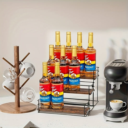3-Tier Metal Bottle Rack Countertop Organizer – No-Install Syrup Holder for Coffee Bar, Wine & Whiskey Display Stand, Holds 12 Bottles