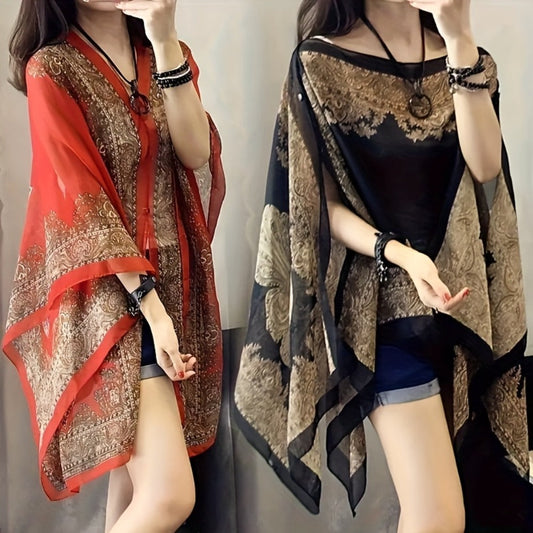 Chiffon Shawl - 2pcs Set for Women - Boho Paisley Print Lightweight Sunscreen Beach - main product view