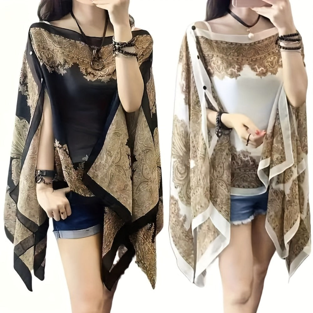 Chiffon Shawl - 2pcs Set for Women - Boho Paisley Print Lightweight Sunscreen Beach - product detail view 2
