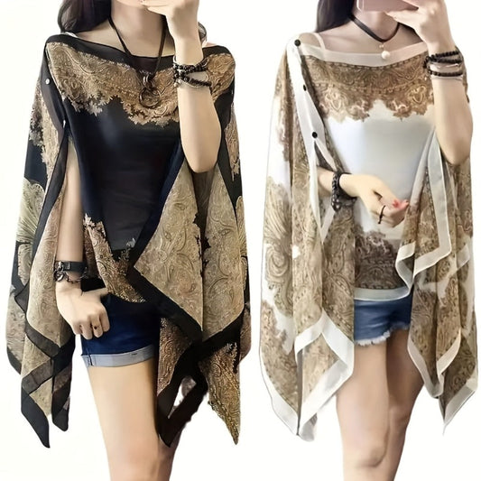 Chiffon Shawl - 2pcs Set for Women - Boho Paisley Print Lightweight Sunscreen Beach - product detail view 2
