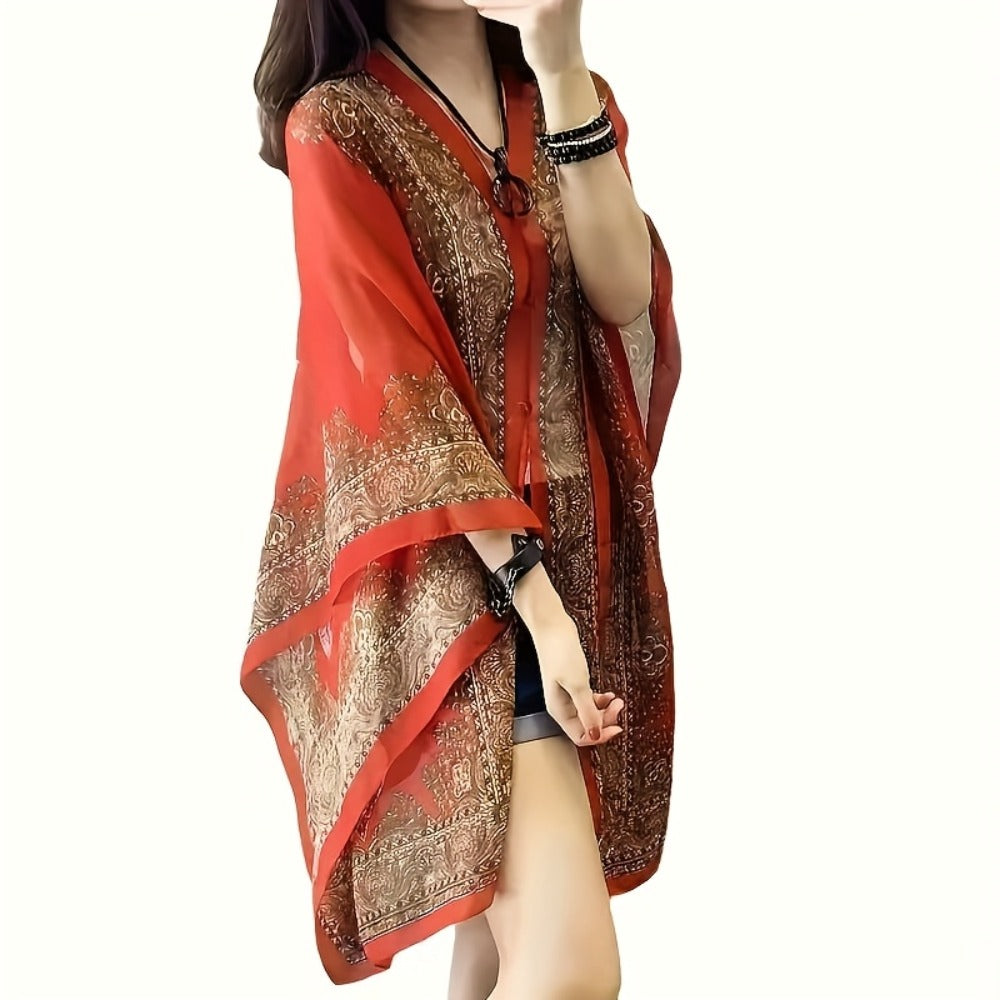 Chiffon Shawl - 2pcs Set for Women - Boho Paisley Print Lightweight Sunscreen Beach - product detail view 3