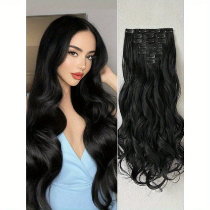 Clip In Hair Extensions - In 22 Inch 7pcs Set 16 Black Natural Wave Long Synthetic Hairpiece for - main product view