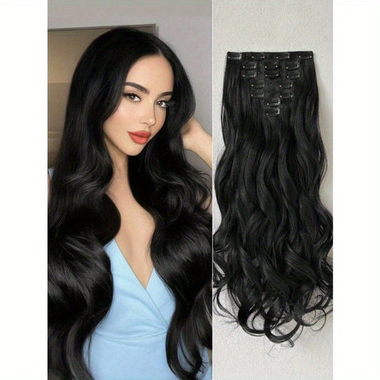 Clip In Hair Extensions - In 22 Inch 7pcs Set 16 Black Natural Wave Long Synthetic Hairpiece for - main product view