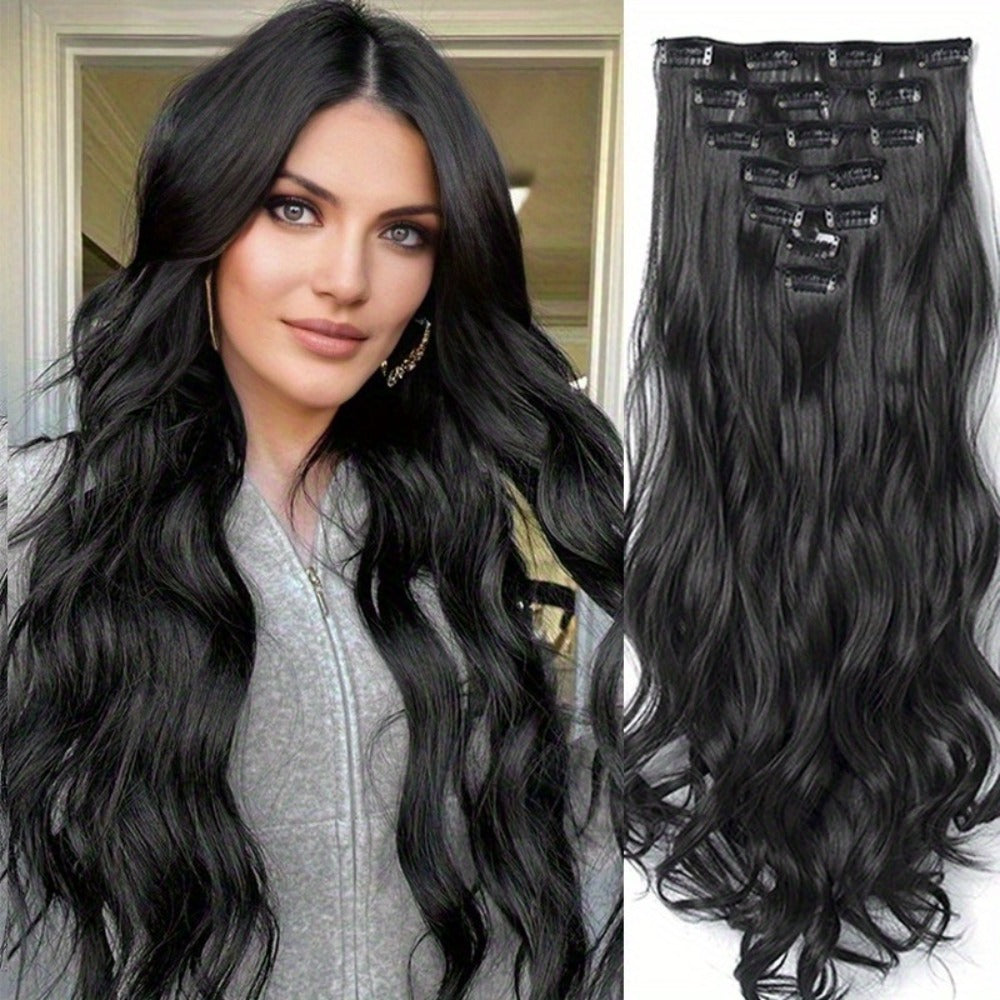 Clip In Hair Extensions - In 22 Inch 7pcs Set 16 Black Natural Wave Long Synthetic Hairpiece for - product detail view 2
