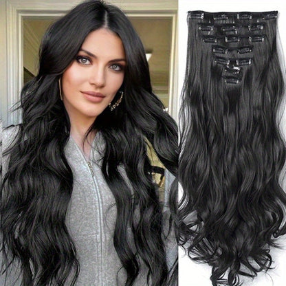 Clip In Hair Extensions - In 22 Inch 7pcs Set 16 Black Natural Wave Long Synthetic Hairpiece for - product detail view 2