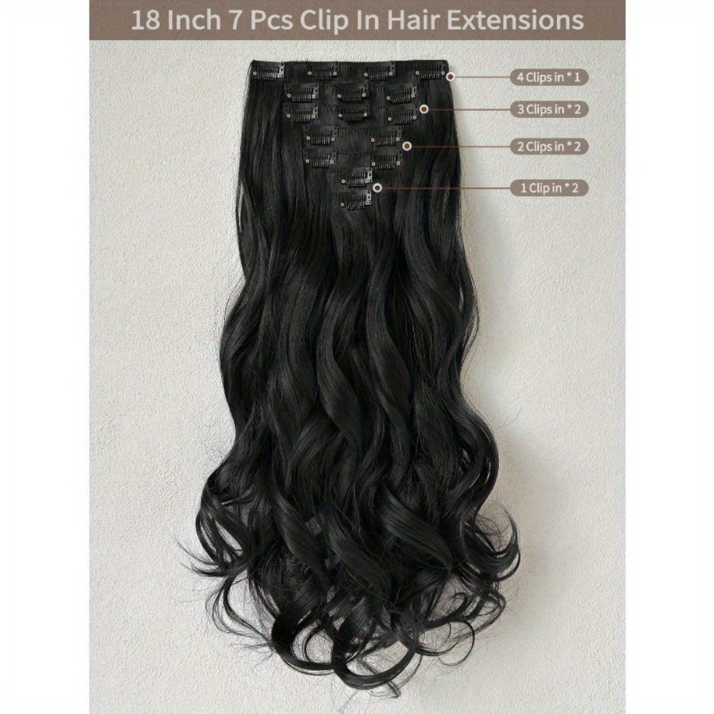 Clip In Hair Extensions - In 22 Inch 7pcs Set 16 Black Natural Wave Long Synthetic Hairpiece for - product detail view 6