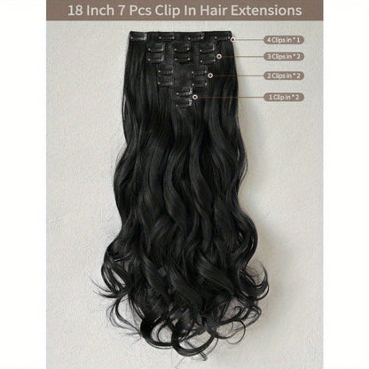 Clip In Hair Extensions - In 22 Inch 7pcs Set 16 Black Natural Wave Long Synthetic Hairpiece for - product detail view 6